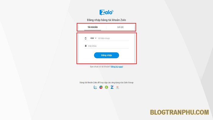 Hình ảnh giao diện đăng nhập ứng dụng Zalo trên web