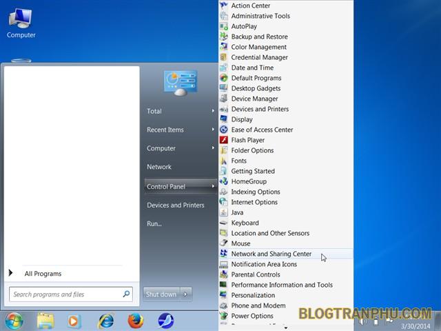 - Mở mục Control Panel và chọn Network and Sharing Center.