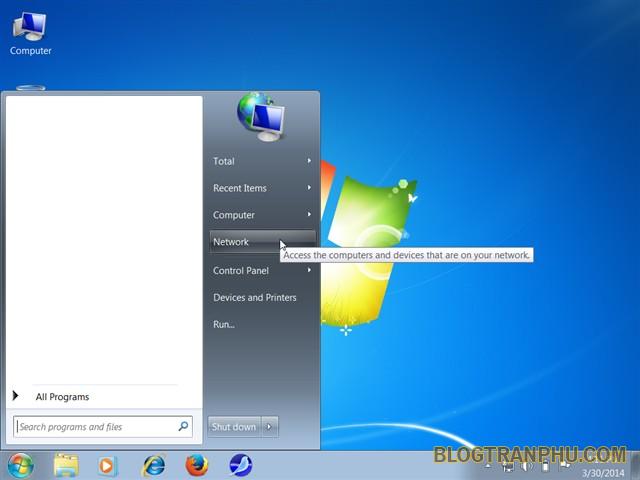 - Trong mục menu Start các bạn nhấn chuột trái vào mục Network.