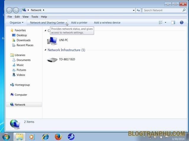 - Trong cửa sổ hiện lên các bạn nhấn chuột trái vào mục Network and Sharing Center.