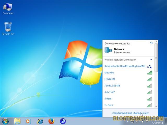 - Chọn Open Network and Sharing Center.